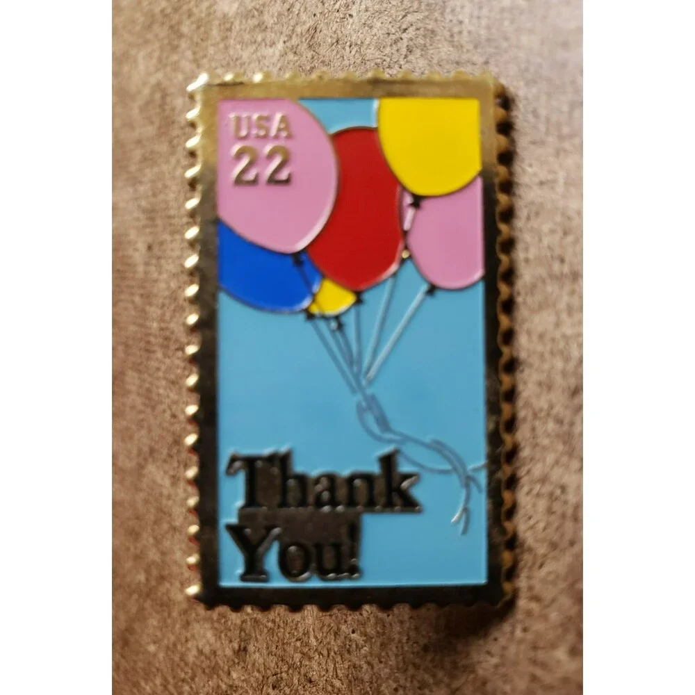Vintage USA USPS Postal BALLOONS THANK YOU 22¢ STAMP Metal GOLD Lapel PIN 1980s